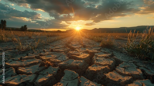 Gripping scene of a severe drought turning fertile land into a barren desert, with cracked earth and withered crops stretching into the horizon photo