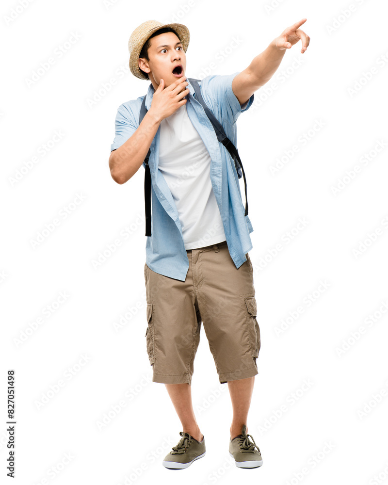 Studio, shock and Asian man with hat, pointing and backpack for travel, vacation and holiday in summer. White background, mockup and person with surprise, hand gesture and wow for trip in Tokyo Studio, shock and Asian man with hat, pointing and backpack for travel, vacation and holiday in summer. White background, mockup and person with surprise, hand gesture and wow for trip in Tokyo