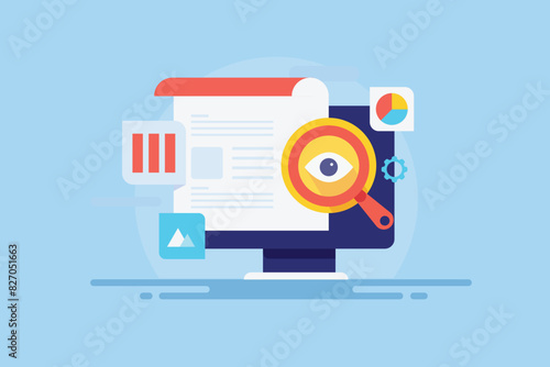 Tracking content performance with analytical tool software digital campaign audit conceptual vector illustration.