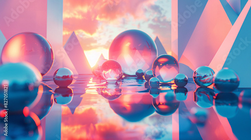Glossy geometric shapes including spheres and cylinders in a minimalistic design photo