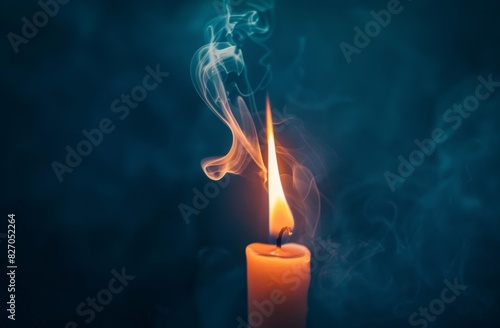 Burning Candle with Rising Smoke Against Dark Blue Background, Symbolizing Hope and Remembrance, Celebrating American Culture and Patriotism
