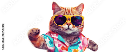 Cool cat wearing sunglasses and Hawaiian shirt, posing confidently with paw raised. Stylish feline fashion for a fun and laid-back vibe. © NightTampa