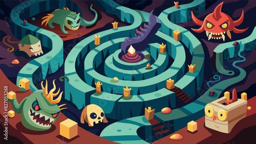 A twisted labyrinth filled with dangerous creatures and tempting treasures challenging even the bravest adventurers.. Vector illustration