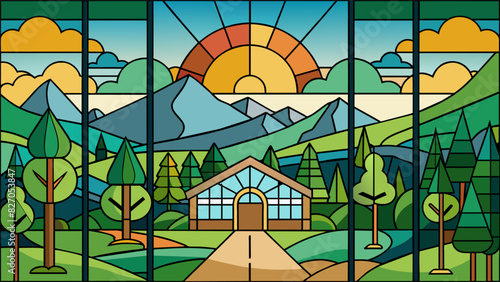 A stained glass mosaic in a community center depicting scenes of nature to provide a sense of peace and healing to visitors.. Vector illustration