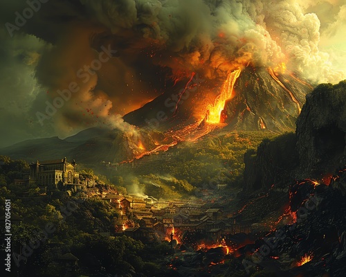 Heartwrenching scene of a volcanic eruption, with lava flowing down the mountainside and ash clouds enveloping a nearby village photo