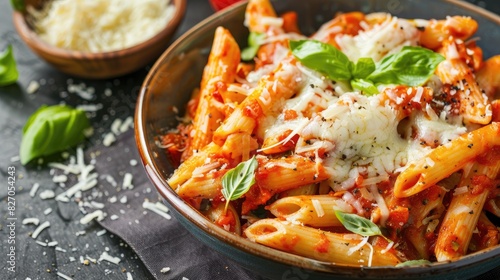 Cheese topped Penne Pasta with Tomato Sauce