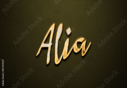Old gold text effect of Arabic name Alia with 3D glossy style Mockup. photo