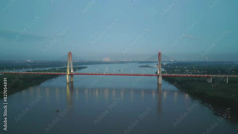 Aerial view of Cau Nhat Tan Cable Bridge or Vietnam–Japan Friendship Bridge crossing the Red River in Hanoi City, Vietnam. Tourist attraction landmark. Aerial view of Cau Nhat Tan Cable Bridge or Vietnam–Japan Friendship Bridge crossing the Red River in Hanoi City, Vietnam. Tourist attraction landmark.