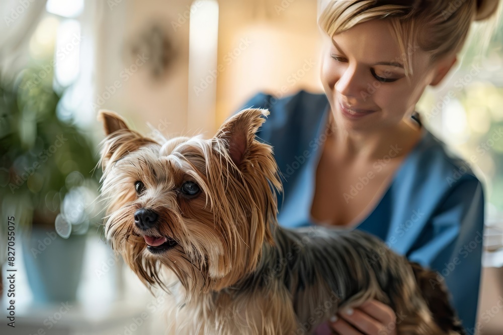 Pets being groomed with smart grooming tools, featuring diverse families Pets being groomed with smart grooming tools, featuring diverse families
