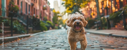 Taking a dog out for a walk in a diverse neighborhood, featuring natural light and various perspectives photo