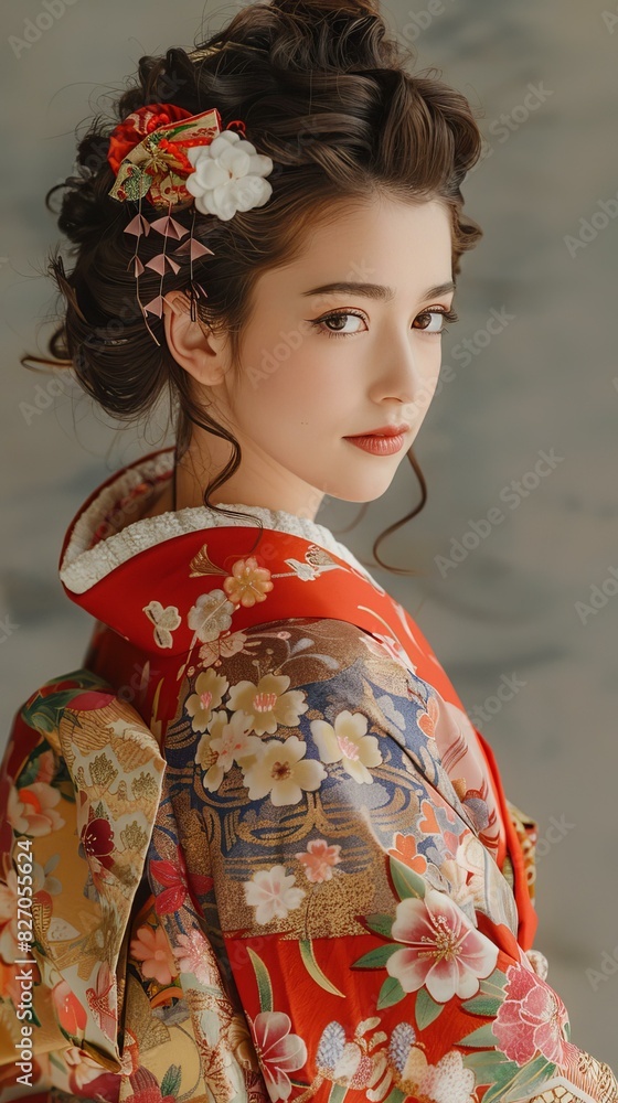 Portrait of a young woman in a kimono