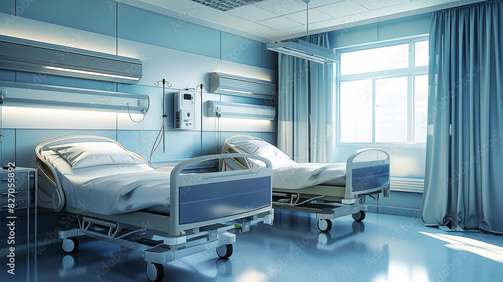 Two hospital beds are neatly arranged in a room with calming blue walls, ready to provide comfort and care to those in need Two hospital beds are neatly arranged in a room with calming blue walls, ready to provide comfort and care to those in need