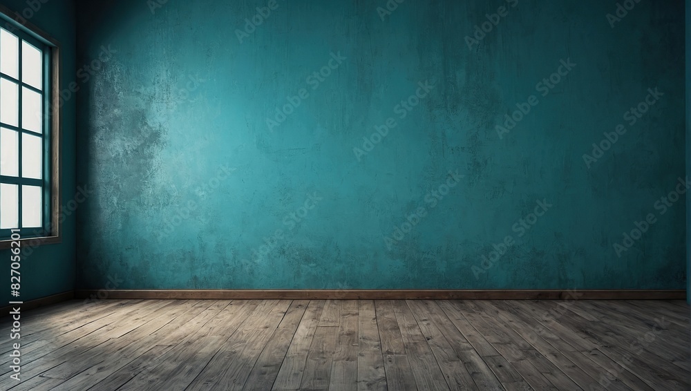 Blue turquoise empty wall and wooden floor with interesting with glare from the window, Interior background for the presentation Blue turquoise empty wall and wooden floor with interesting with glare from the window, Interior background for the presentation