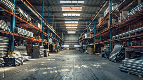 A large warehouse bustling with activity, as numerous metal pipes are carefully stacked and organized, creating a mesmerizing symphony of steel