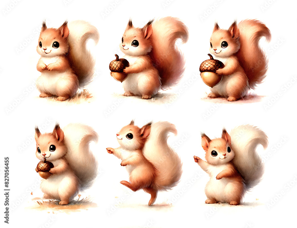 Fototapeta premium リスのキャラクター 6ポーズ イラストセット