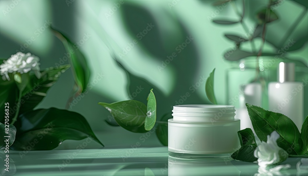 A small jar of cream sits on a table next to a plant A small jar of cream sits on a table next to a plant