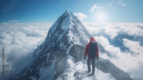 Man going to mountain top and reaching his goal