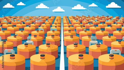Endless rows of storage tanks each containing a different type and grade of gasoline ready for distribution.. Vector illustration