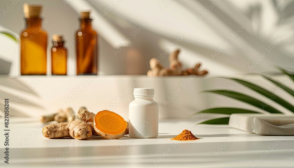 A bottle of turmeric powder sits on a table next to a jar of ginger A bottle of turmeric powder sits on a table next to a jar of ginger