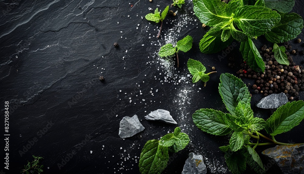 Naklejka premium A black background with a variety of herbs and spices, including pepper, salt