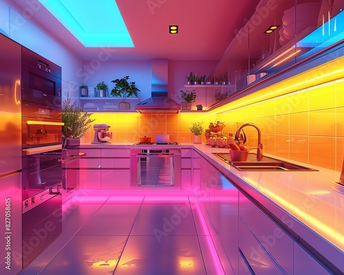 Produce a futuristic  vibrant 3D scene of a low-angle view kitchen where culinary arts merge with virtual reality elements in a mesmerizing display of color theory