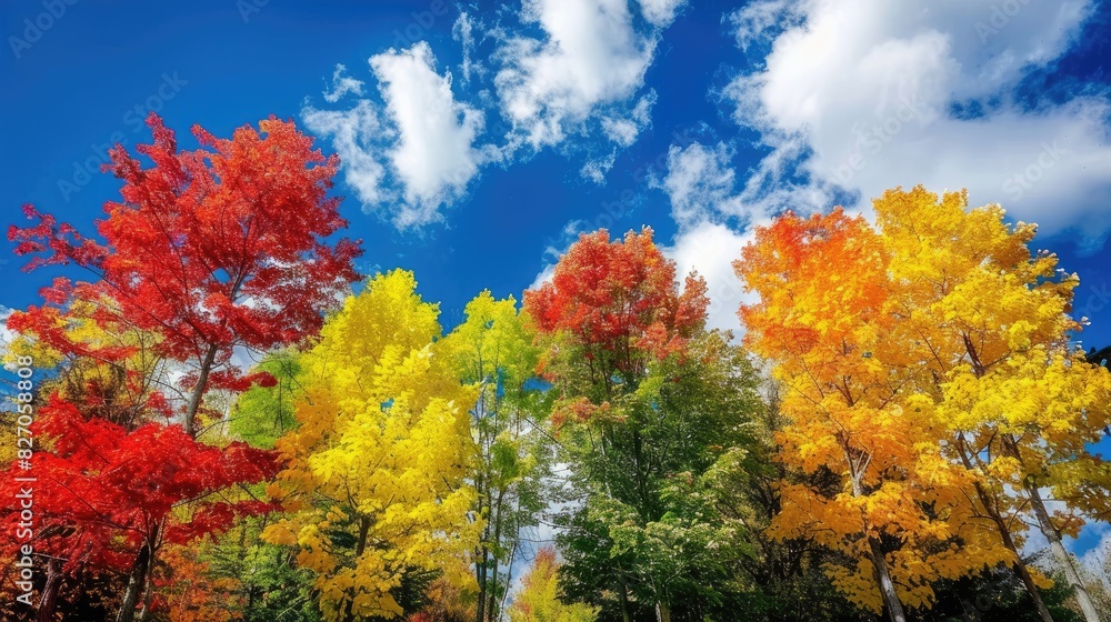 Vibrant red yellow and green autumn trees set against a blue sky landscape Vibrant red yellow and green autumn trees set against a blue sky landscape
