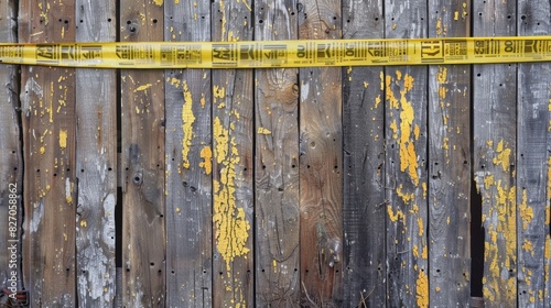 A weathered wooden fence adorned with caution tape and handwritten updates on the ongoing construction. © Justlight