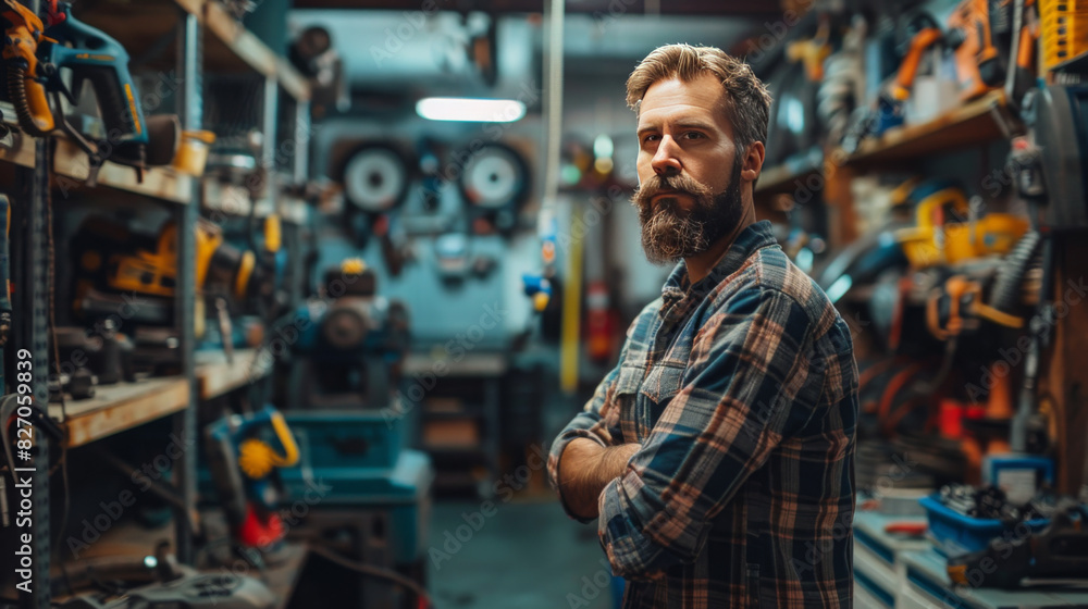 Focused craftsman in a workshop surrounded by an assortment of tools and machinery, representing skill and dedication.