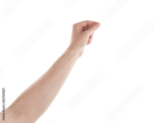 Young adult left man hand hold something isolated on white