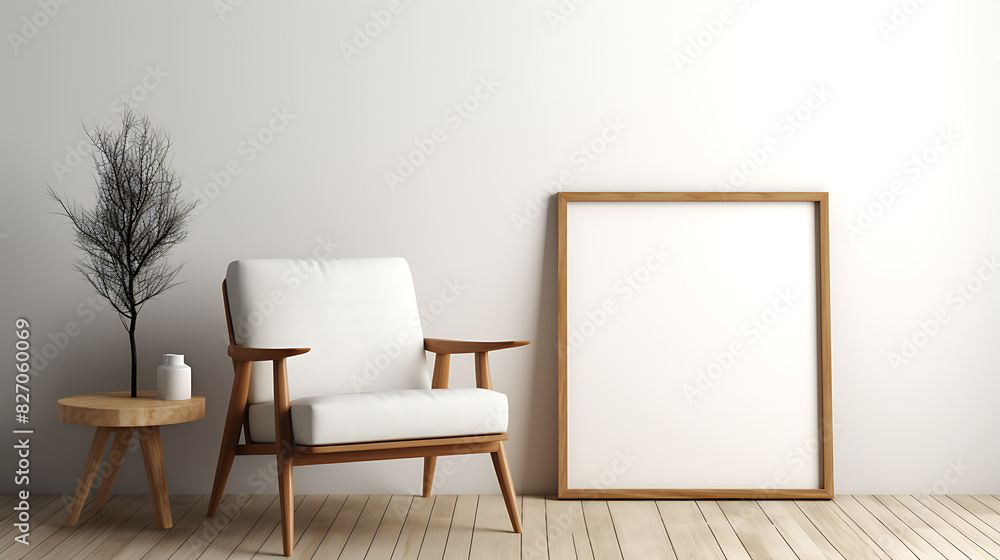 Fototapeta premium Rustic minimalist home interior lounge chair and wood stump side table with blank mock up frame. AI