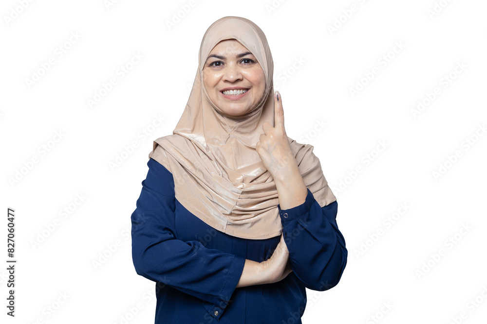 Election in india. Portrait of Smiling muslim woman wearing hijab show finger marked with ink after casting vote standing isolated against transparent png background, Polling Booth Democracy, Election in india. Portrait of Smiling muslim woman wearing hijab show finger marked with ink after casting vote standing isolated against transparent png background, Polling Booth Democracy,