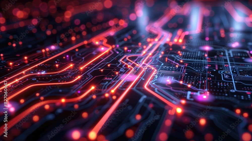 A computer chip with a red and blue design A computer chip with a red and blue design