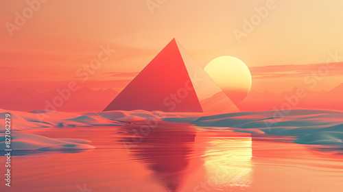 Minimalistic design featuring a pyramid and sphere on a gradient background