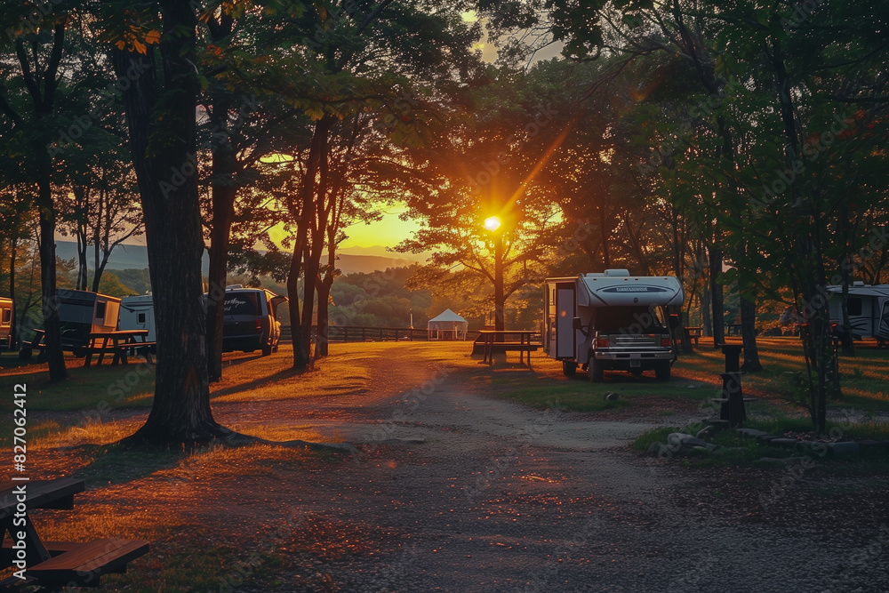 Motorhome at a cozy campground, summer evening, sunset Motorhome at a cozy campground, summer evening, sunset