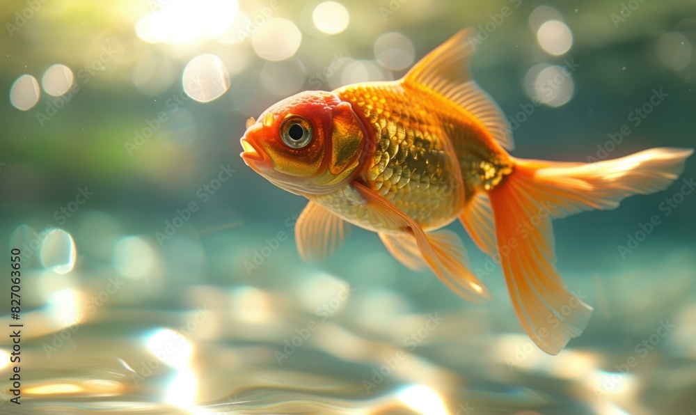A goldfish swims in a sunlit pond. AI. A goldfish swims in a sunlit pond. AI.