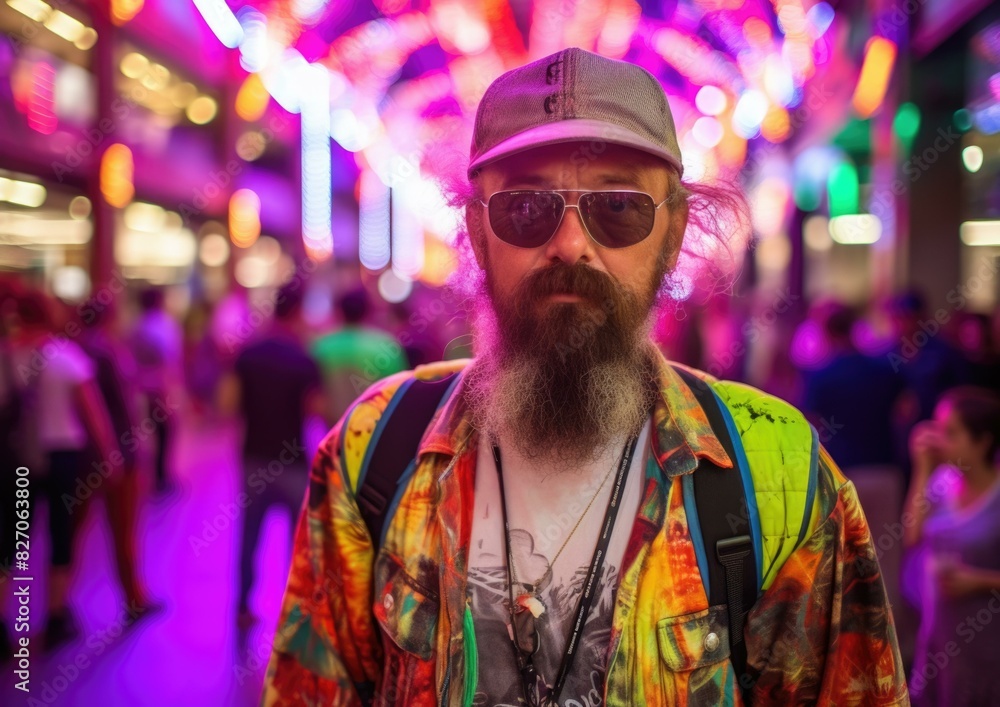 Portrait of a man with sunglasses and a beard standing in a colorful and crowded place. AI.