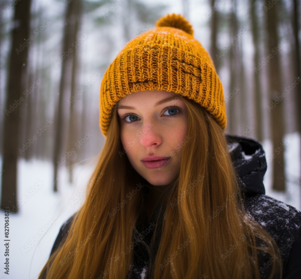 Portrait of a young woman wearing a yellow beanie in a snowy forest. AI. Portrait of a young woman wearing a yellow beanie in a snowy forest. AI.