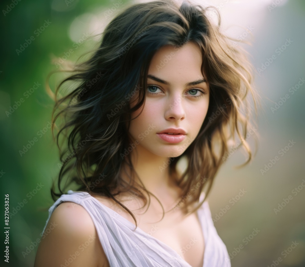 Portrait of a beautiful young woman with long brown hair and green eyes. AI. Portrait of a beautiful young woman with long brown hair and green eyes. AI.