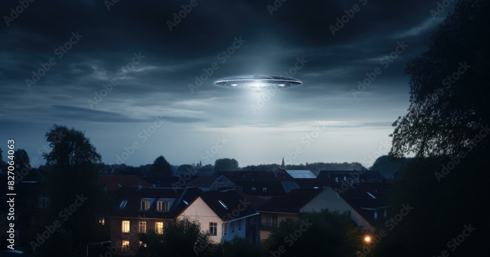 Obraz premium A UFO hovers over a small town, casting an eerie glow on the buildings and streets below. AI.