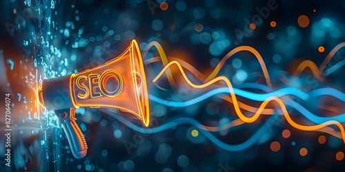 Neon megaphone with marketing buzzwords like SEO social media and public relations. Concept Neon Megaphone, Marketing Buzzwords, SEO, Social Media, Public Relations photo