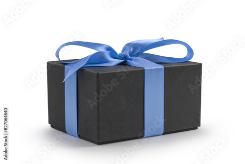 Black gift box with blue ribbon isolated on white background