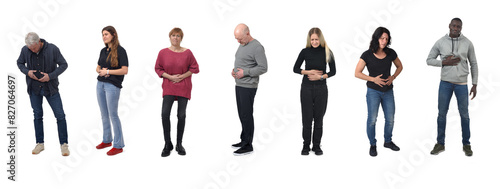group of people with stomach pain on white background