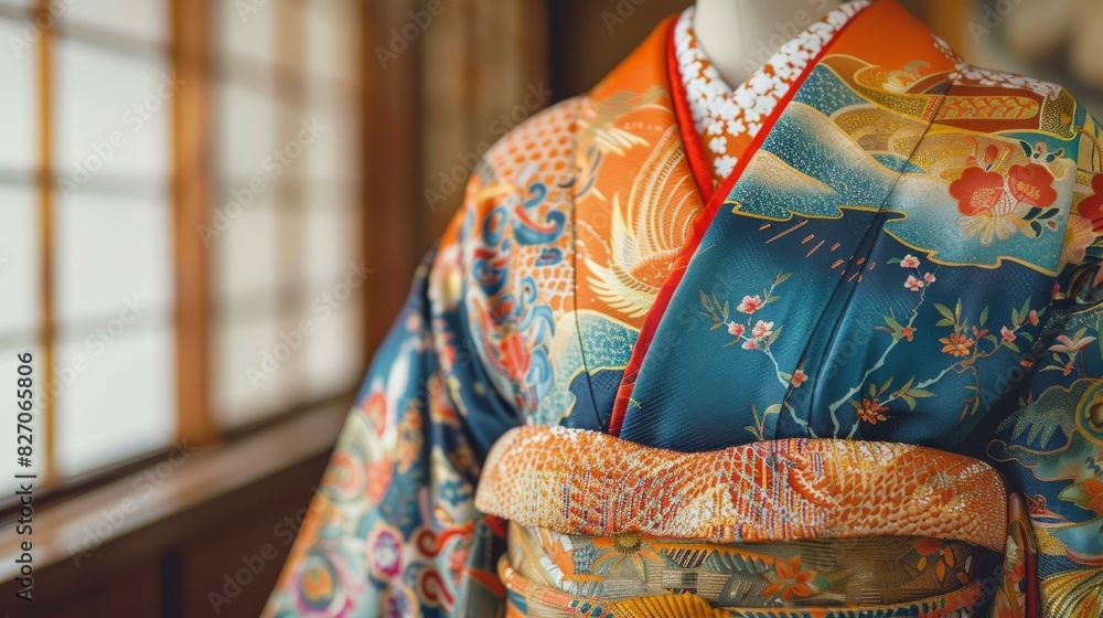 Naklejka premium A kimono with a pattern of cranes and cherry blossoms