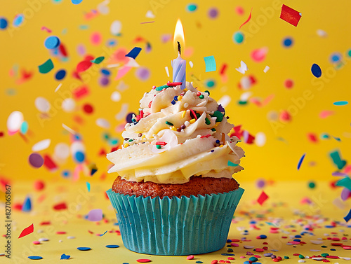 A cupcake with a lit candle on top, surrounded by confetti