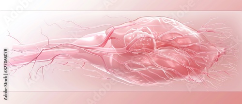 Detailed anatomical illustration of the human heart showcasing its complex structure with arteries, veins, and chambers on a light pink background. photo