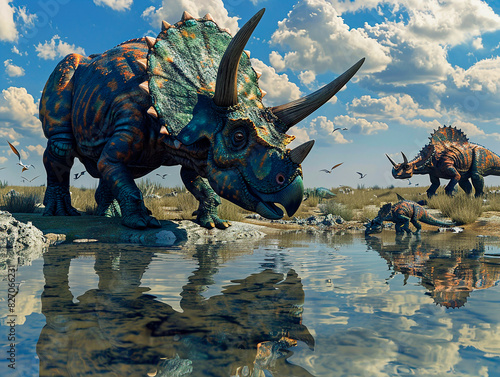 A group of dinosaurs are standing in a field near a body of water