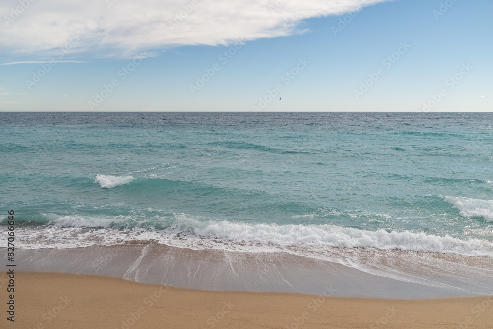 Empty sand beach on Mediterranean sea with horizon line vacation background Empty sand beach on Mediterranean sea with horizon line vacation background