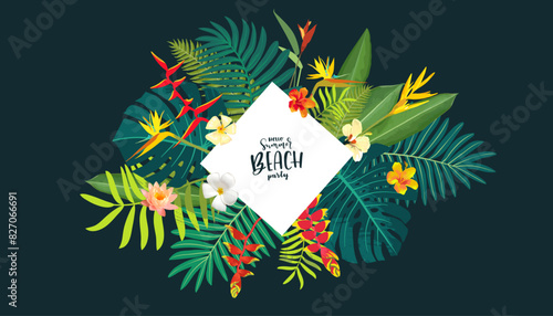 Vector Hawaiian summer floral background. Tropic leaf border banner template. Tropical jungle frame. beautiful jungle exotic leaves flyer, poster, banner. Exotic monstera, hibiscus, palm tree design