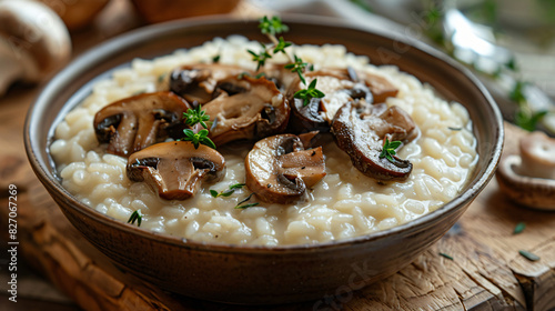 Delicious mushroom risotto served with fresh thy photo
