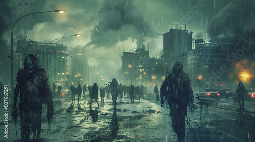 Zombies that wander through wet city streets are full of tension and horror. The dark sky and heavy rain give the scene a feeling of hopelessness and melancholy. photo